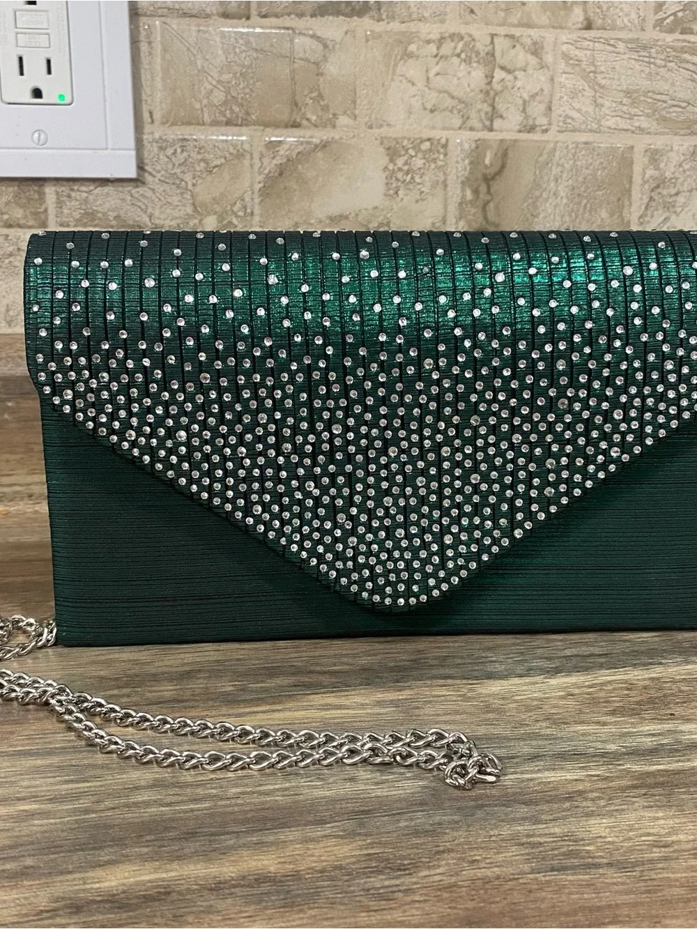 Dasein Emerald Green Rhinestone Envelope Clutch with Silver Chain